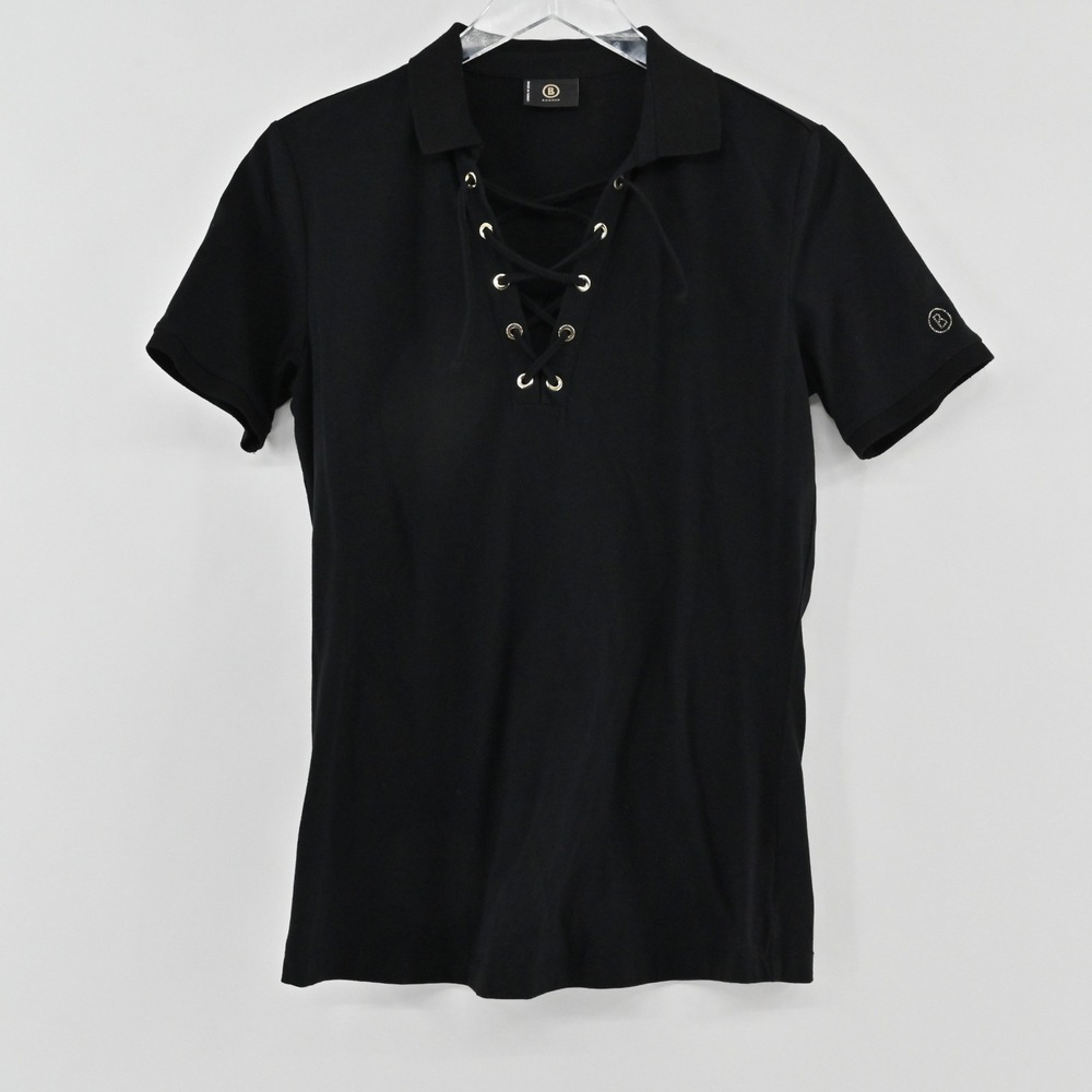 Bogner Lace Up Polo Shirt Womens Size 10 Black Cotton Blend Short Sleeve Top